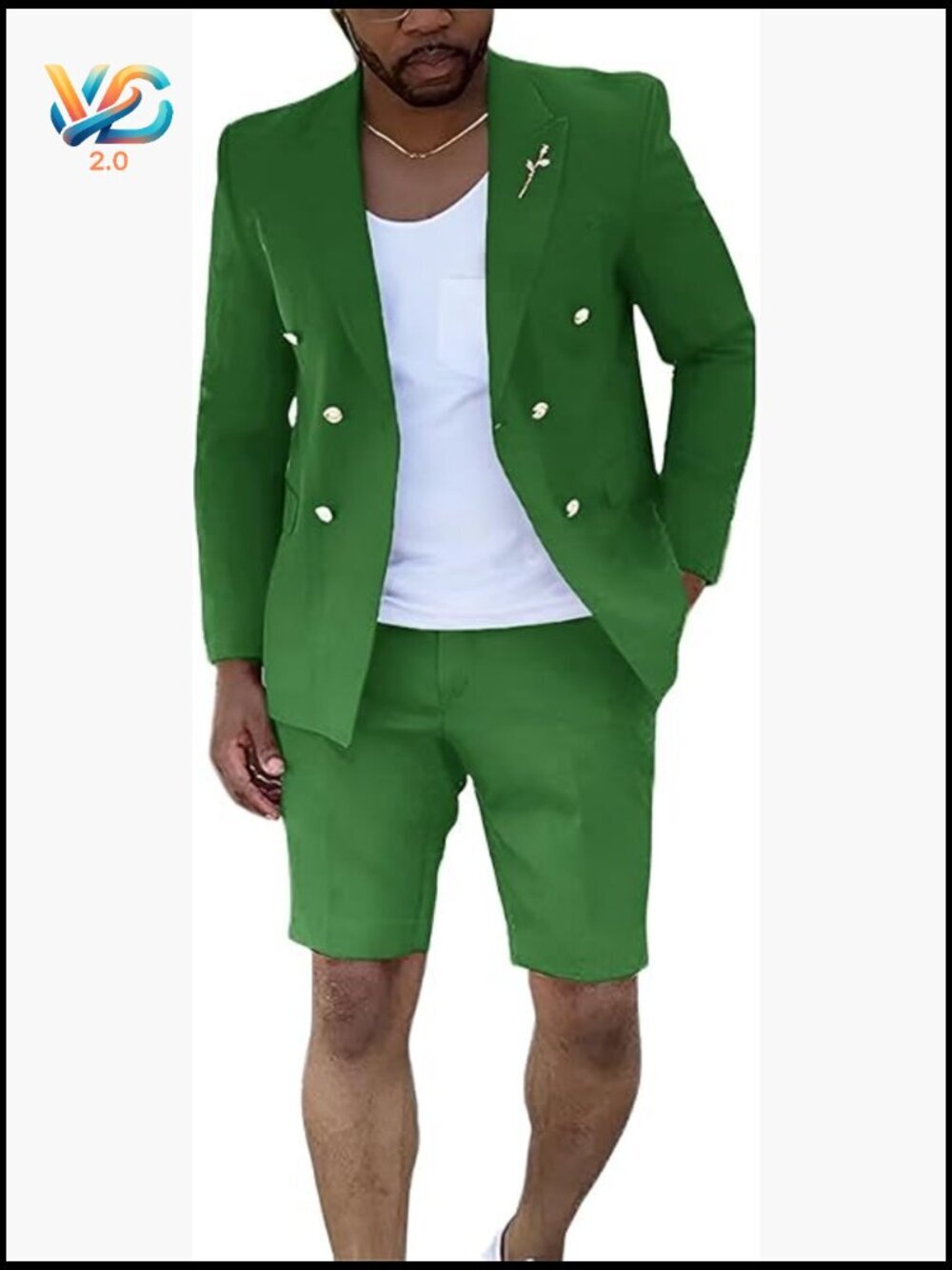 Men's 2 Piece Slim Fit Double Breasted Suit with Shorts Casual Prom Beach